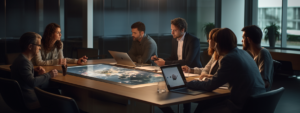 A team of coworkers at a conference table discussing proposal management.