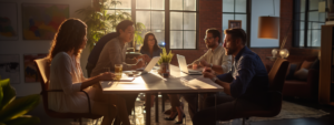 A group of coworkers with two laptops are working on a proposal management project.