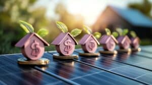 Dollar sign with leaves on houses' roofing and coins on solar panels representing home energy grants.